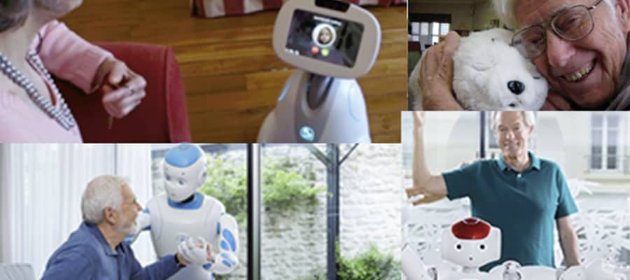 Un collage de photos de personnes âgées et de robots.