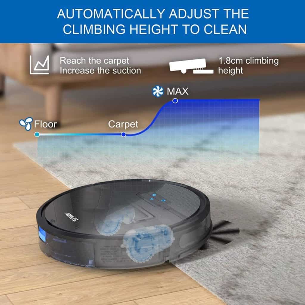 Une image d'un robot aspirateur qui s'ajuste automatiquement pour nettoyer le sol.