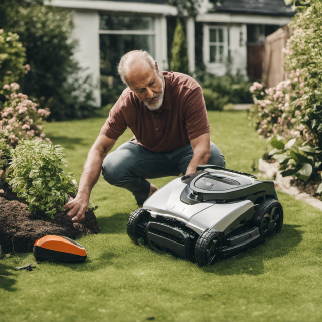 Un homme tond sa pelouse avec un robot tondeuse.