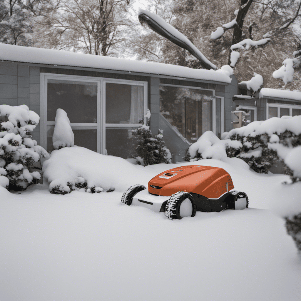 Un robot tondeuse à gazon dans la neige devant une maison.