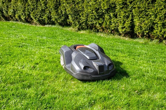 Une tondeuse à gazon robotisée sur une pelouse verte.