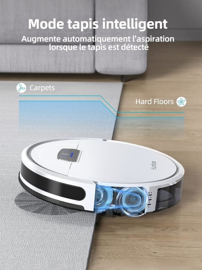 Une image d'un robot aspirateur avec les mots mode taps intelligent.