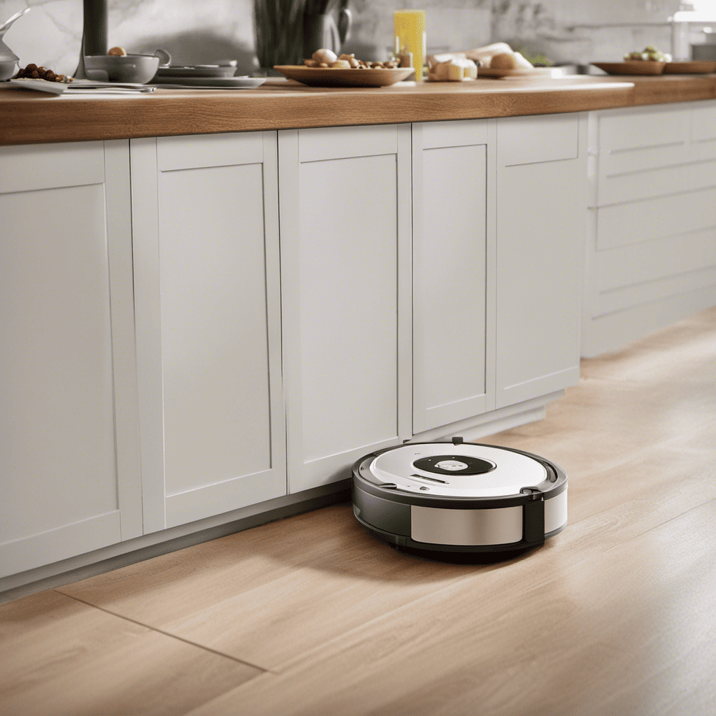 Un robot aspirateur sur le sol d'une cuisine.